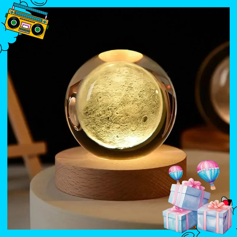 كرة كريستال ديكور النظام الشمسي كرة كريستال 6 سم - كواكب علم الفلك ثلاثية الأبعاد مع ضوء ليلي ناعم، تتضمن القمر ورائد الفضاء