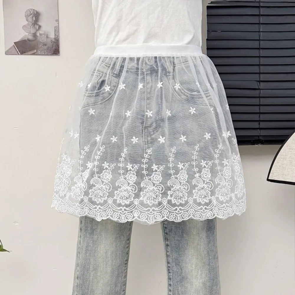 

High Waist Lace Underskirt Slips Embroidery Flower Transparent Safety Skirt Petticoat Short Mesh Underskirt Slips Dress Female