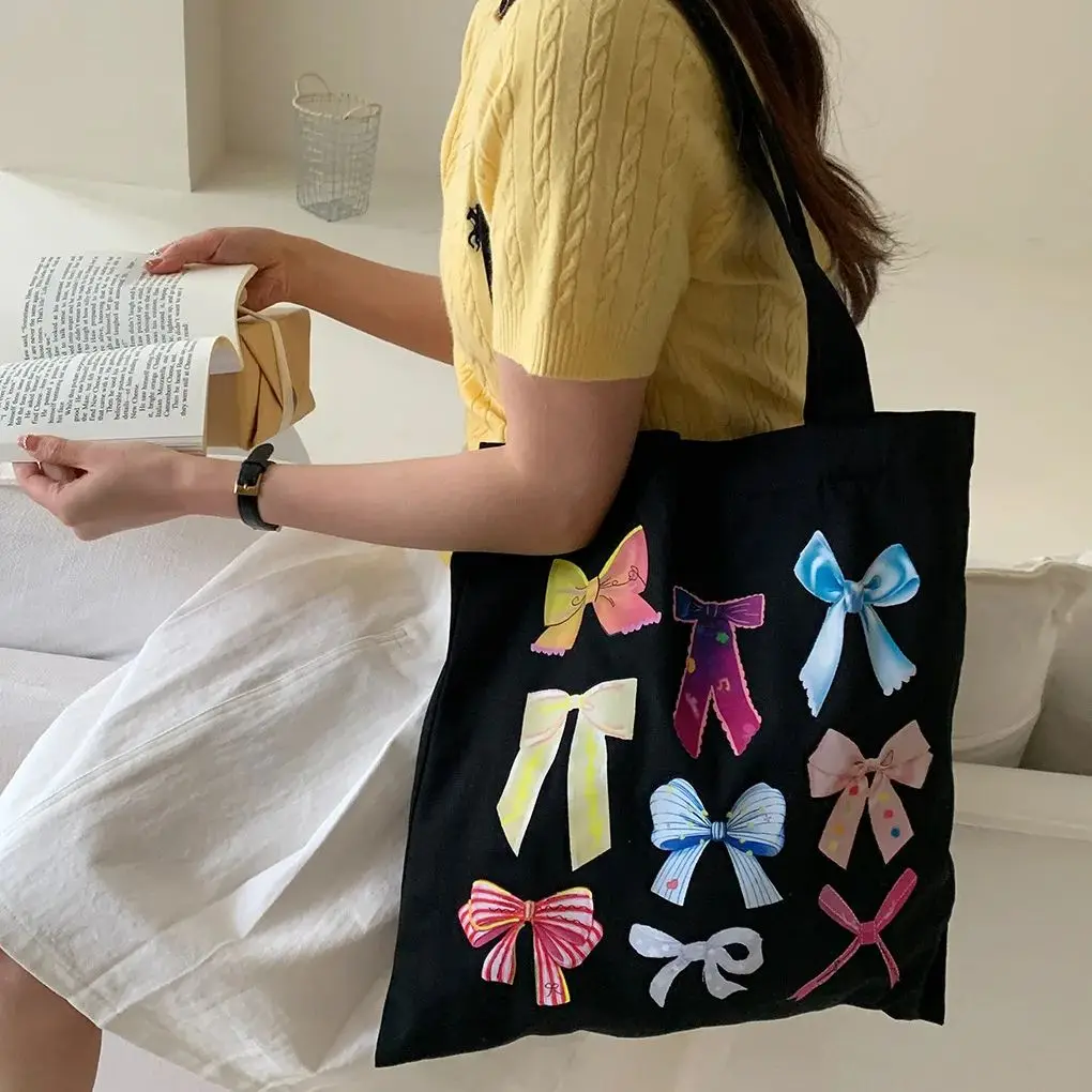 New Large Capacity Shoulder Bag Canvas Bags Handbag for Women Shopper Bow Knot Tote Bag 2024 Spring Summer