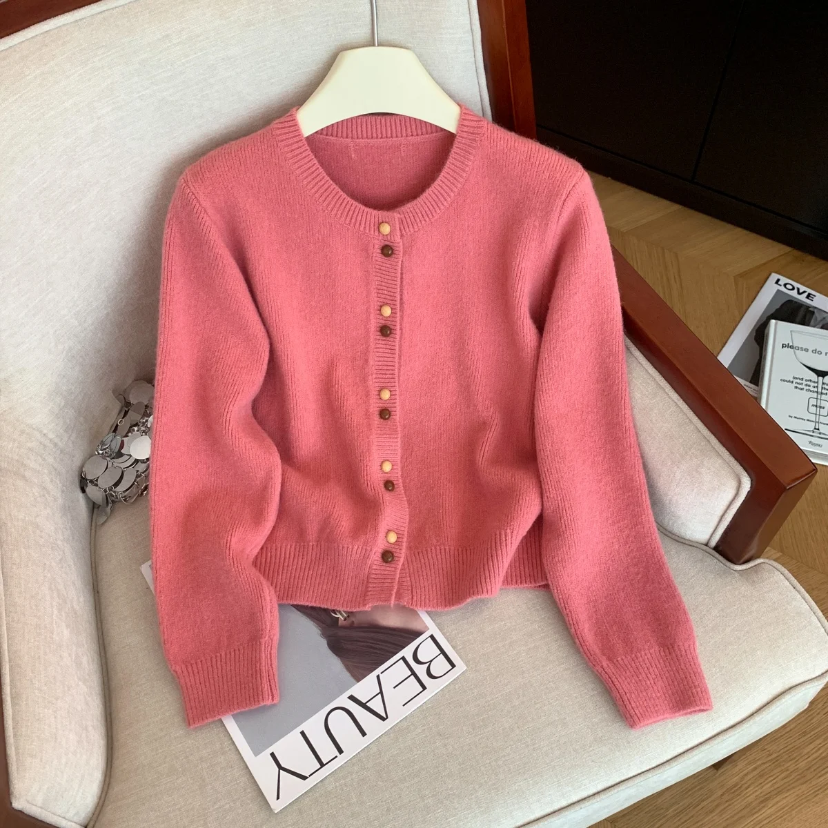 Women Pink Cardigan Sweater Y2k Vintage 2000s Jumper Knit Long Sleeves O-Neck Sweater Outerwear Autumn Winter Cutecore Clothes