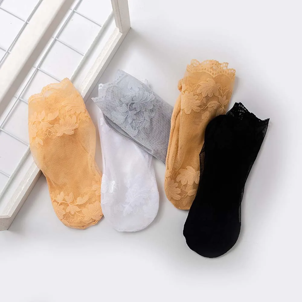 Calcetines invisibles de encaje para mujer, medias náuticas de hojas finas, antideslizantes, huecos, poco profundos, novedad de verano, 2024