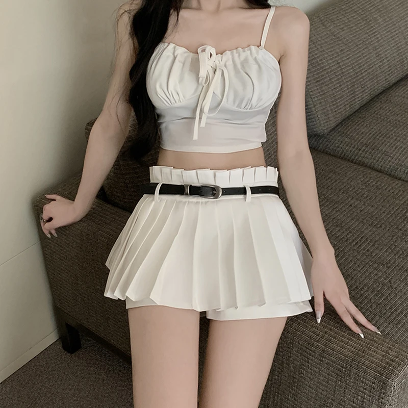 Girls Academic style Korean  half skirt Sexy With a belt Anti glare Summer Women's half skirt Pleated skirt Slimming