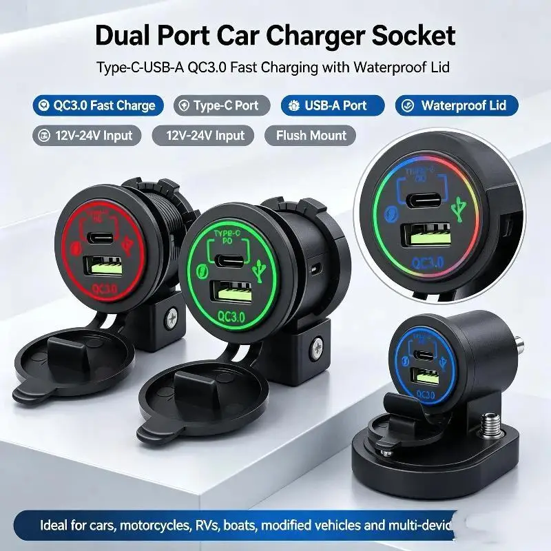 Dual USB C Car Charger Adapter QC 3.0 PD Fast Charging 48W 12V-24V for Boat RV Truck Marine Cigarette Lighter Accessories