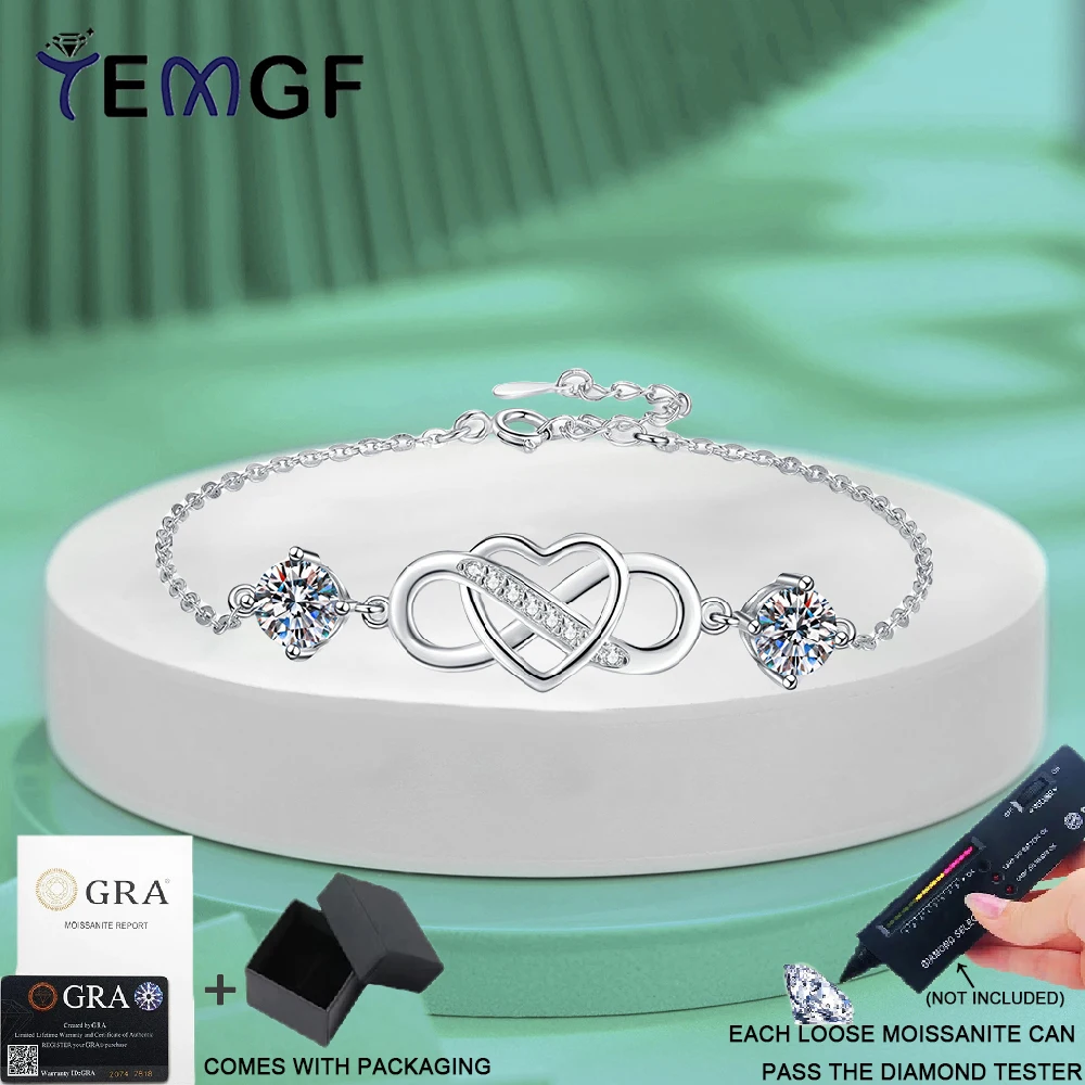

TEMGF S925 Sterling Silver Love Bracelet 2 Pcs 6.5mm Moissanite/Zircon Inlay for Women Girls Romantic Fine Jewelry Couple Gifts