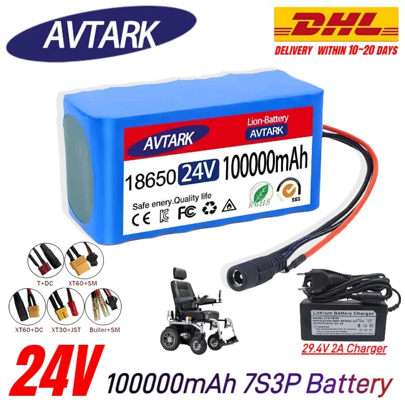 

DHL SHIP 24V 100Ah Lithium Battery for Wheelchairs | 7S3P 18650 100000mAh Rechargeable Pack with 29.4V 2A Fast Charger✅