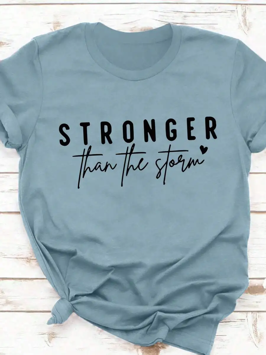 Women Crew Neck Short Sleeve T Shirt Stronger Than The Storm Inspirational Slogan Graphic Print Mustard Color Casual Spring Summer Daily Streetwear Tops