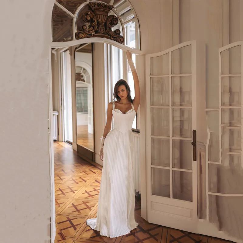 Modern Ivory Sheath Long Wedding Dresses Sexy Strapless Spaghetti Straps Bridal Gowns Pleated Backless with Lace-up Court Train