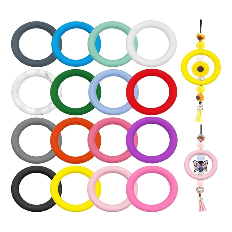 

16 PCS Silicone Beaded O-Ring 65Mm Round Silicone Ring With 2 Holes, DIY Crafts Keychain Necklace Charm, Durable
