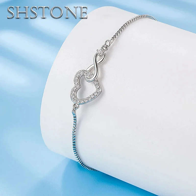 

SHSTONE 925 Sterling Silver Zircon Crystal Heart Bracelet for Women Fashion Charm Jewelry Birthday Party Wedding Accessories