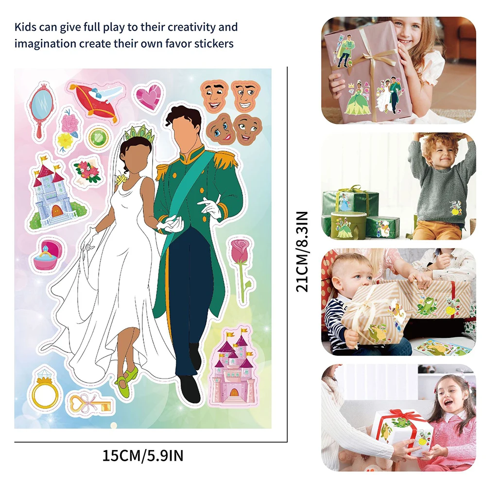 8/16 fogli Disney Tiana Princess Make a Face Puzzle Stickers The Princess and the Frog Kids Game divertente assemblare Jigsaw Toys Gift