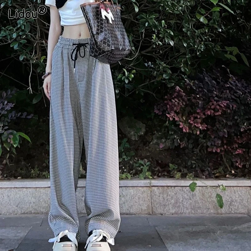 Pockets Lacing Elastic Waist Fashion Casual Plaid Handsome Loose-fitting 2023 Women\'s Clothing Spring Summer Thin Wide Leg Pants