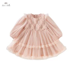 Dave Bella Children's Dress 2025 New Mesh Princess Dress For Girls Baby Spring Sweet Cute lace Long sleeve Party DB1250086