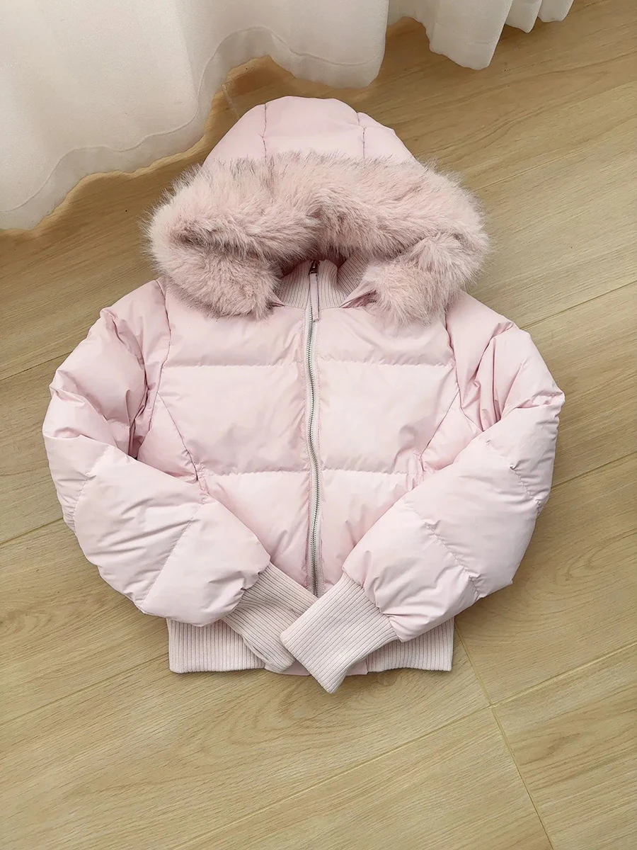 

Pink Sweet Fur Collar Detachable Hooded Cotton Jacket Slim Fit Versatile Sweet American Crop Women Winter Cute Warm Coat Tops