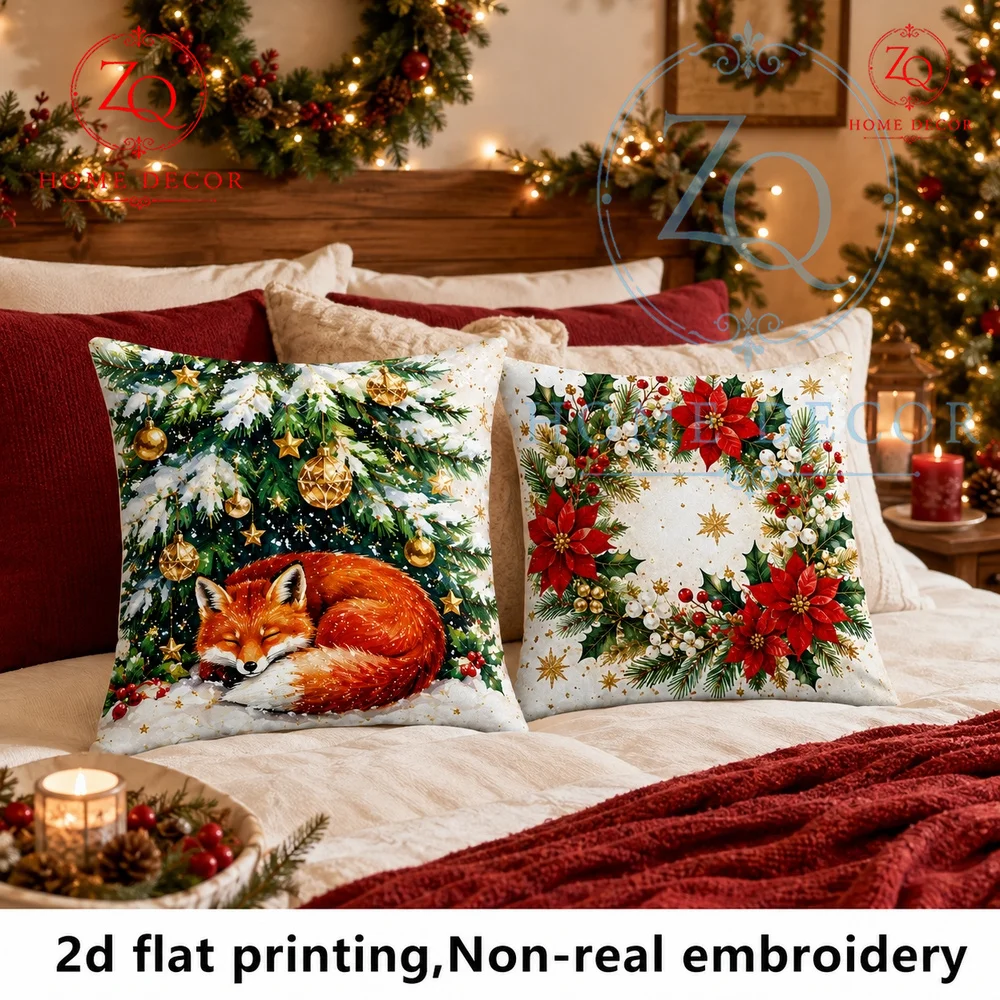 Cozy Christmas Fox Throw Pillow Cover Winter Snowy Xmas Tree Printed Cushion Case for Sofa Couch Farmhouse Holiday Home Decor