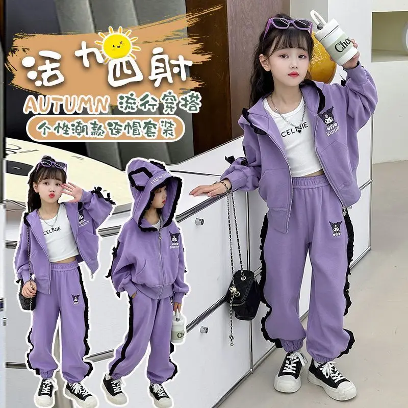 

Костюм-двойка Kuromi для девочек: свитшот и брюки, осенне-зимний, новый, повседневный, модный, с длинными рукавами, кардиган, милый мультяшный стиль