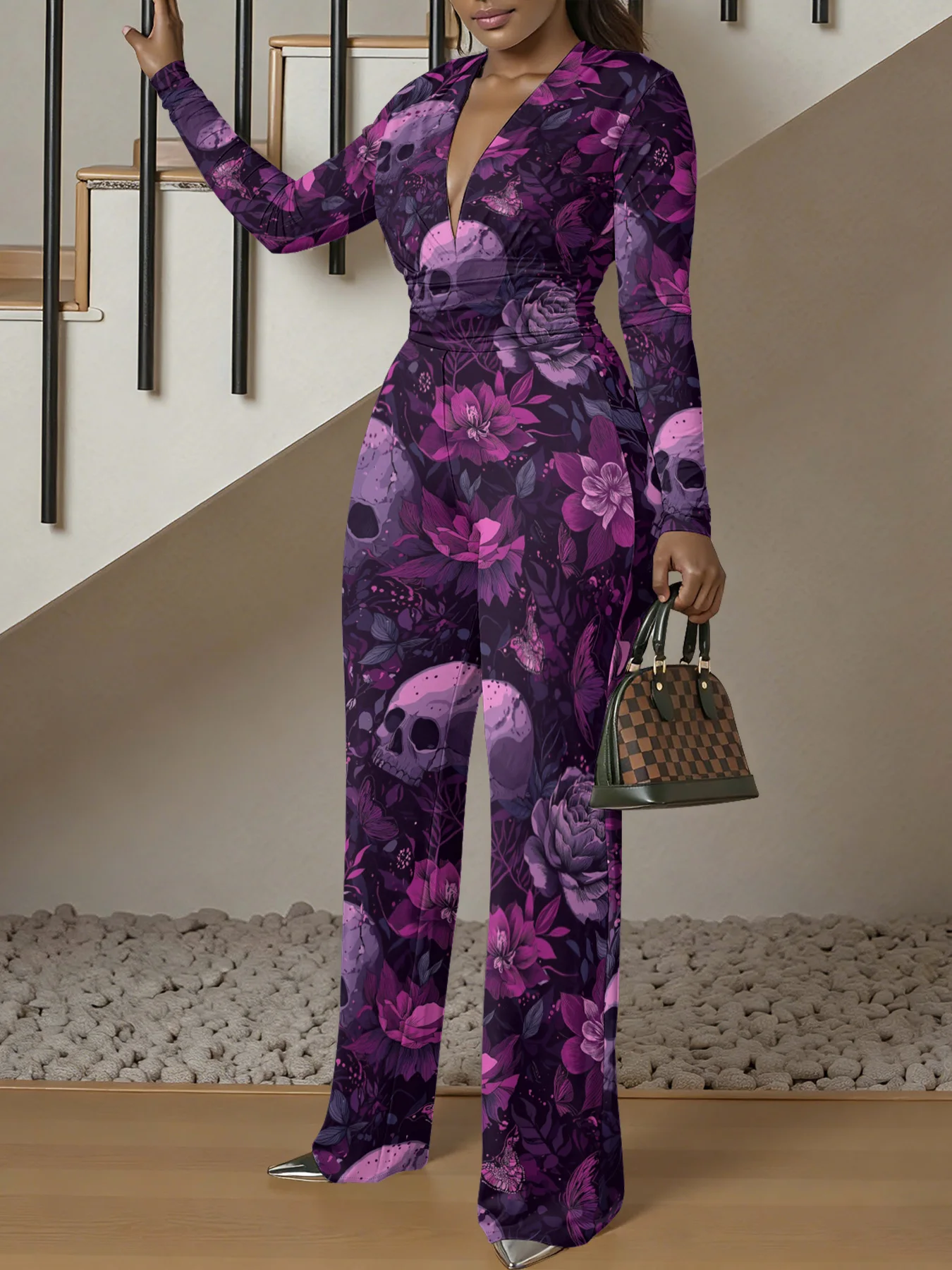 V-neck Long Sleeve Bodycon Jumpsuit autum Women Stretchy One-Piece Bodysuit spring Luxury Streetwear Beach Party Girl
