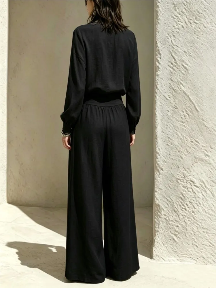New Autumn Solid Casual Two Piece Sets Women Stand-up Collar Long Sleeve Blouse Top + High Waist Loose Wide Leg Trousers Outfits