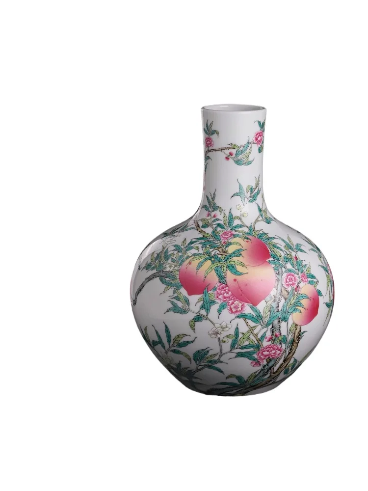 Handmade pastel nine peach celestial ball bottle antique porcelain, living room decoration ornament high-end gift