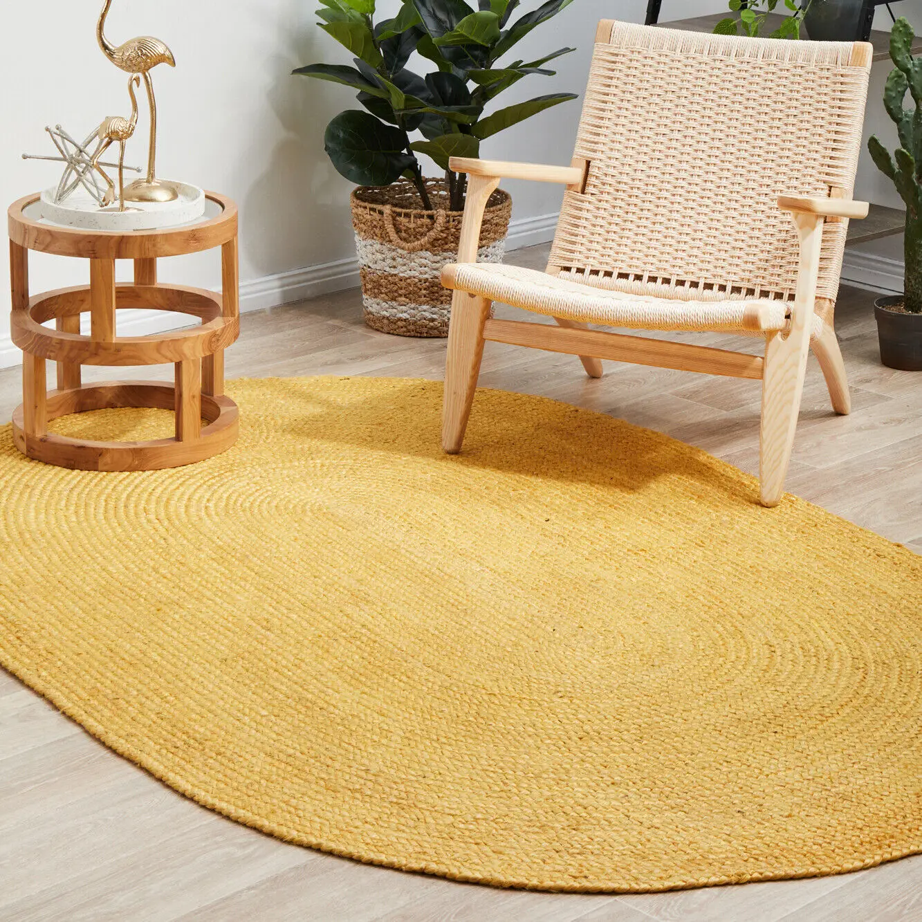 

Oval Rug 100% Natural Jute Braided Yellow Carpet Handmade Reversible Area Rug