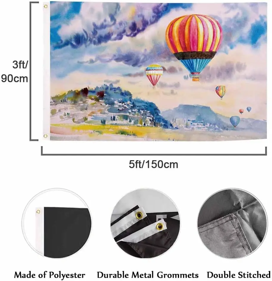 Watercolor Landscape Hot Air Balloon Flag  Mountain Blue Sky Village Big Flag for Outdoor Indoor Office With Brass Grommets