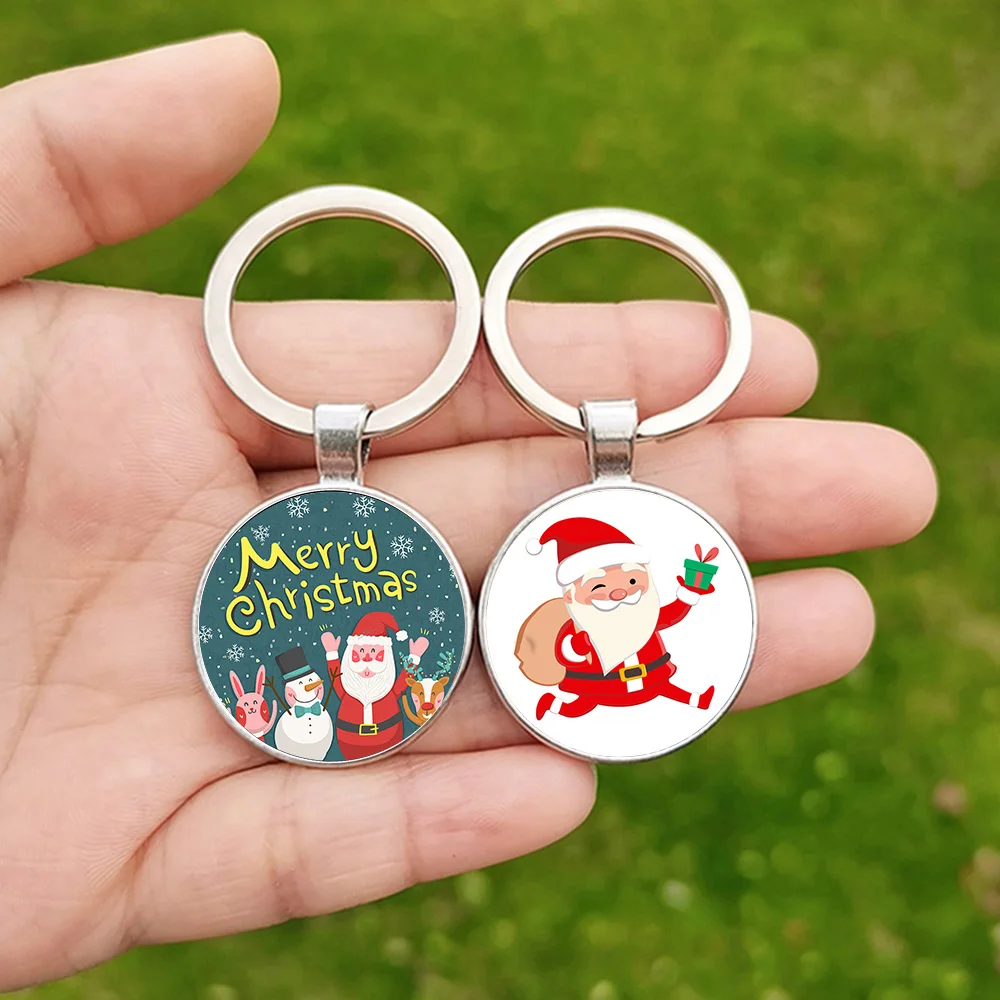 Cute Santa Claus Keychain Merry Christmas Tree Snowman Glass Cabochon Art Picture Handmade Key Ring for Men Women Children Gifts