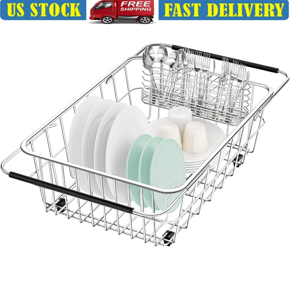 

Adjustable Dish Drainer Rack 304 Stainless Steel Expandable Sink Organizer Dish Drying Rack with Cutlery Holder Non-slip