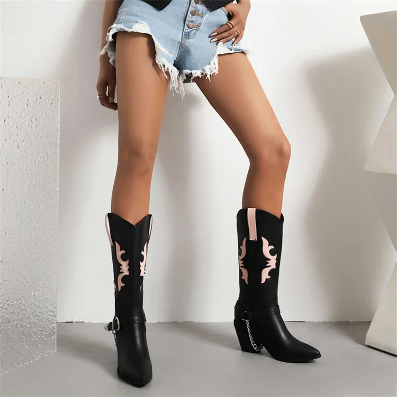 

Chain Decoration Pointed Toe Chunky Heels Flower Boots Print Botas Mixed Shoes Colors Zapatos Mujer Punk Cool Modern Versatile