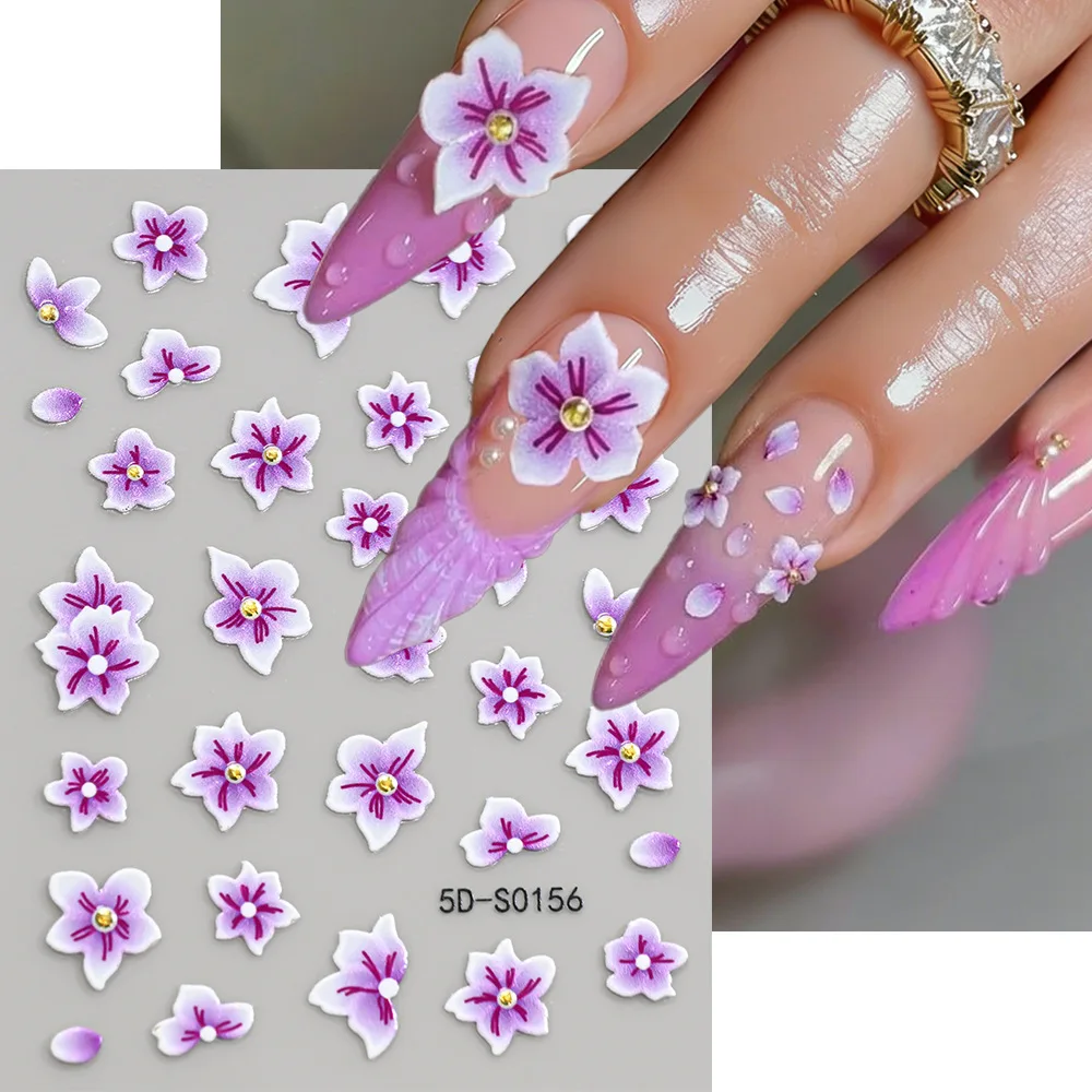 Embossed Plum Blossom Nail Stickers, Purple 5-Petal Flower Pure Desire Aesthetic White-Skin Flattering Gentle Nail Art Decals