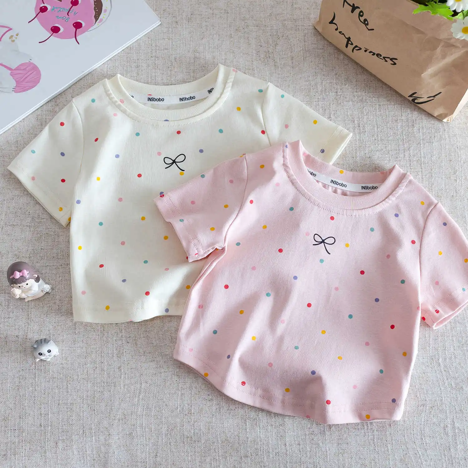 Camiseta de algodón para niña, moda para chicas, lazo de lunares, Top de  manga corta transpirable, camisetas informales coreanas con cuello redondo para  niños / Ropa de niños, image size:1500x1500