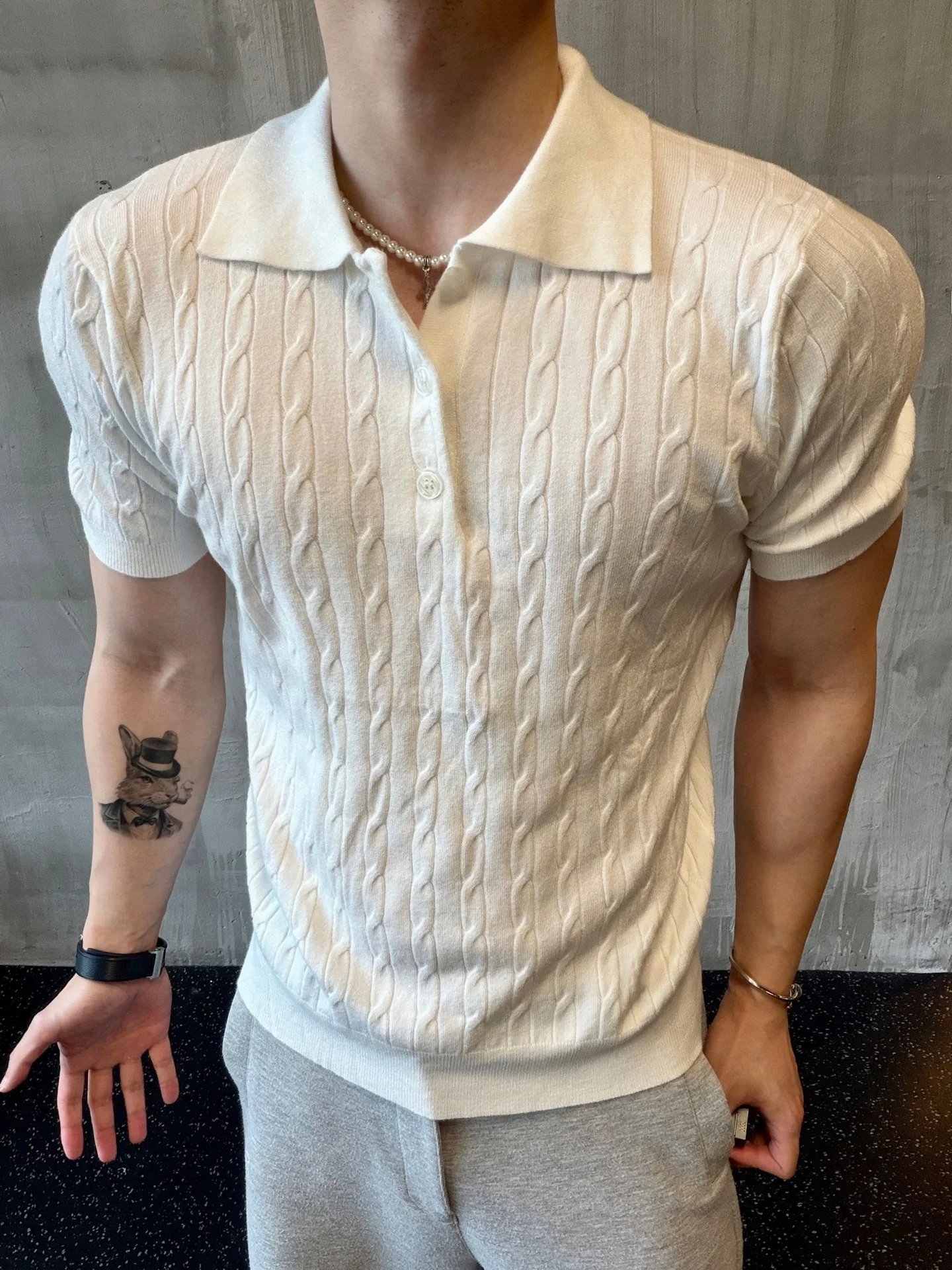 Slim Fit Knitted  Shirt Men's Short Sleeve Summer Fashion American Style Elastic T-Shirt Youth Popular Casual Wear
