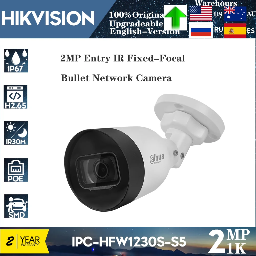 dahua original 2mp ipc hfw1230s s5 poe camera ip ir 30m h265 inteligente pss dss dmss cctv entrada ir camera de rede bala focal fixa 01