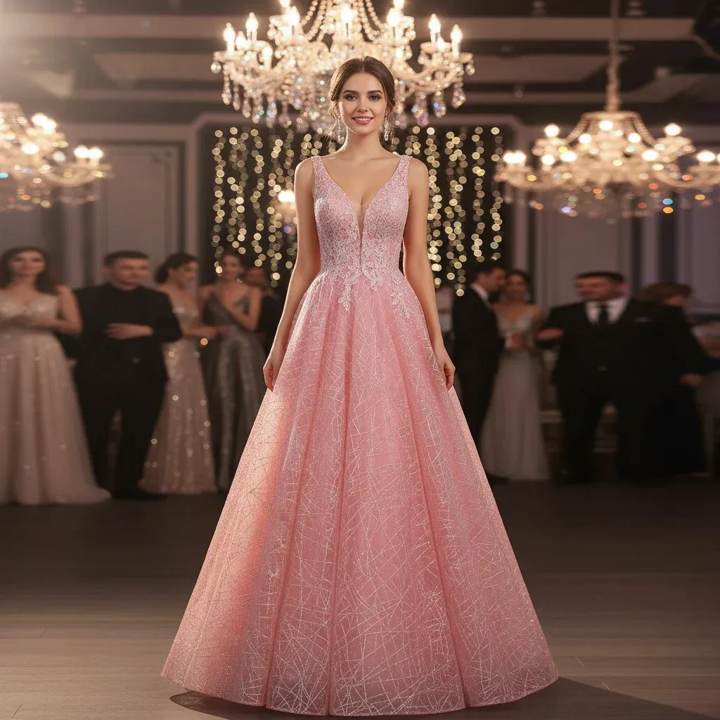 

Rosymae Pink Prom Dress Elegant A-Line V-Neck Open Back Design Sparkling Gown with Chapel Train for Prom Weddings Formal Events