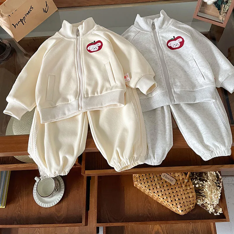 

QT252137Children's Suit2025Autumn New Casual Patchwork Cartoon Stand Collar Jogger Pants Two-Piece Set