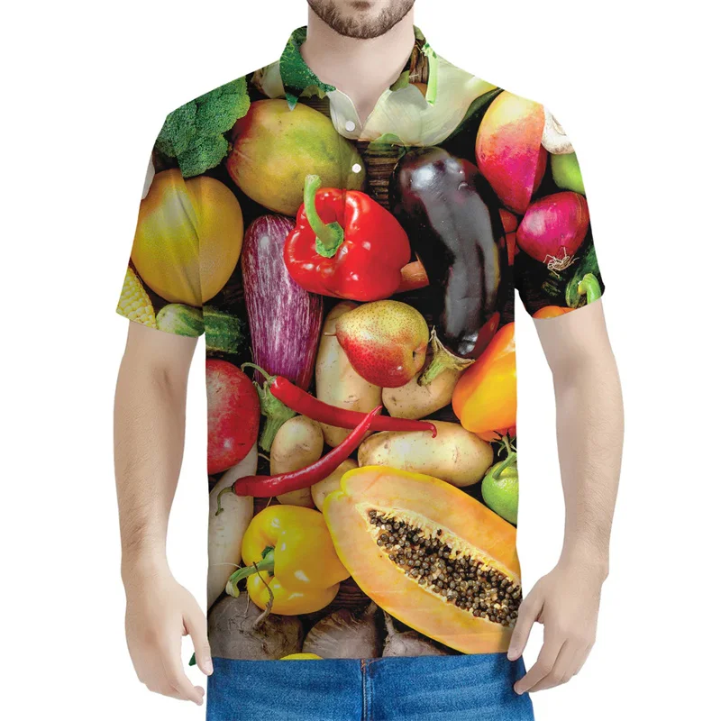 Fruits Vegetables Pattern Polo Shirts For Men 3D Print Short Sleeves Casual Street Button Polo Shirt Summer Oversized Lapel Tees