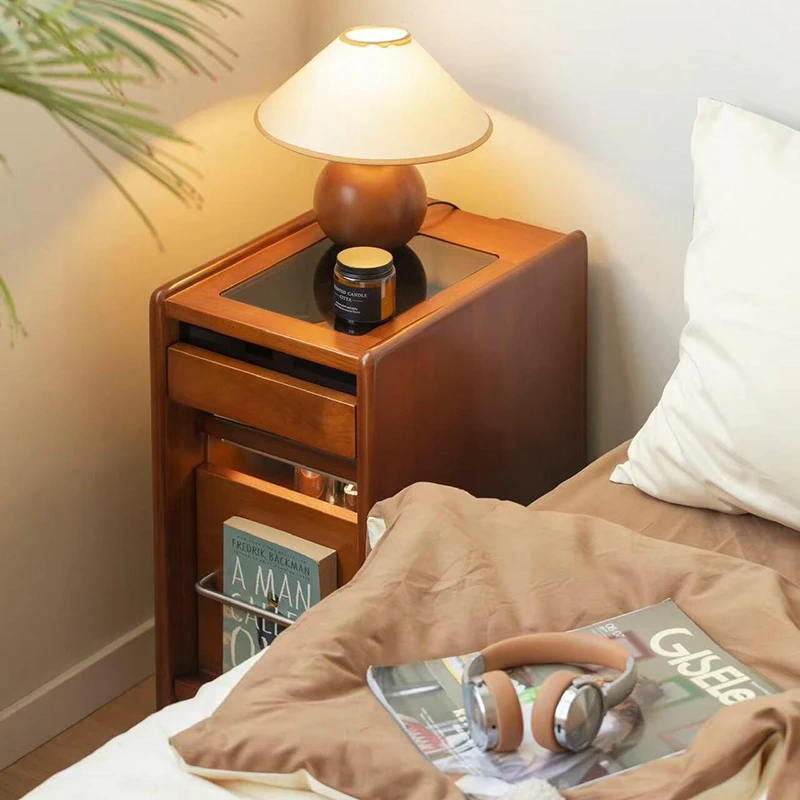 Rubber wood solid wood bedside table grid bedroom locker mobile storage small apartment ultra-narrow bedside table