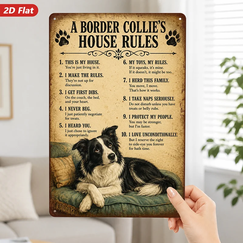 2D Flat,Metal Sign Wall Art, Border Collie Themed Home Decor, with 
