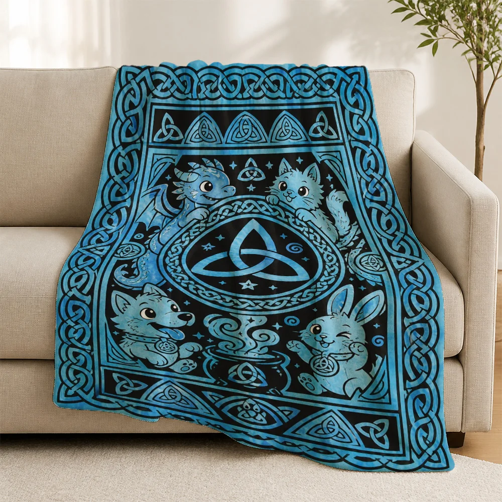 Mystical Celtic Knot Triquetra Throw Blanket for Sofa Couch Bohemian Home Decor Geometric Mandala Pattern Cozy Living Room Throw