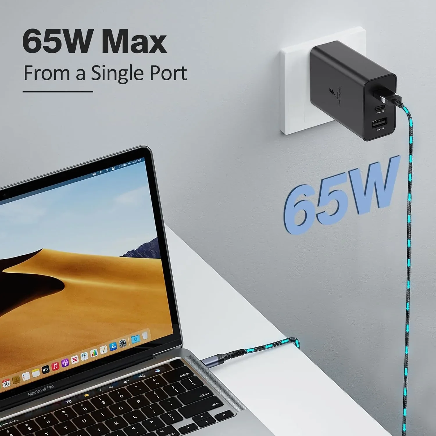 

3-Port Charger 65W Fast Charging USB C Wall Plug for Samsung Galaxy iPhone iPad Laptop Tablet Multi Port Travel