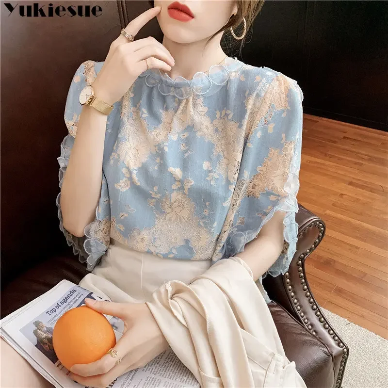 Elegant Fashion Woman 2023 Summer New Office Lady Commute All-match Puff Sleeve Shirt Hook Flower Hollow Mesh Splice Lace Blouse