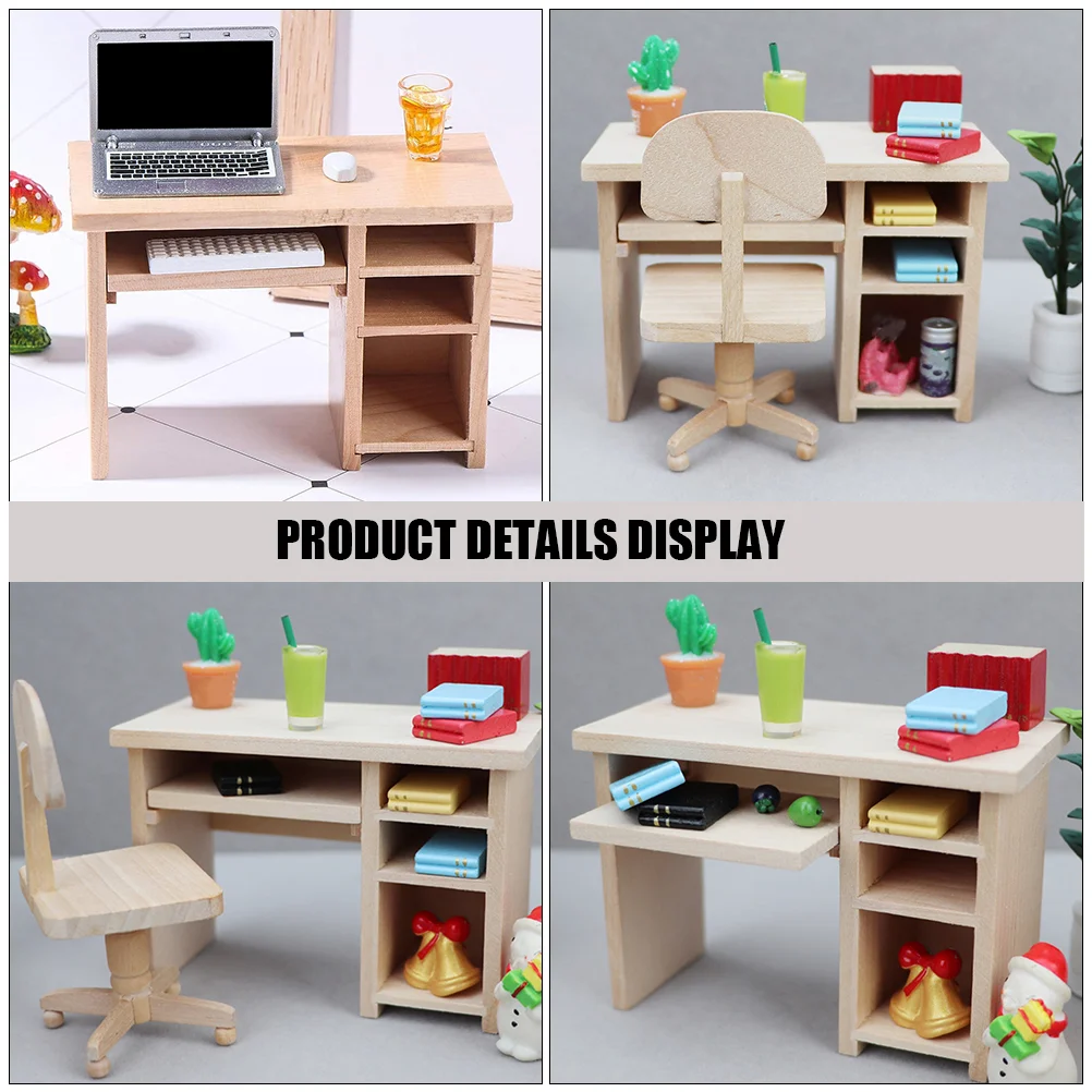 Dollhouse Computer Desk Mini Table Chair Office Accessories School Decorative Ornament Figurine Toy Room