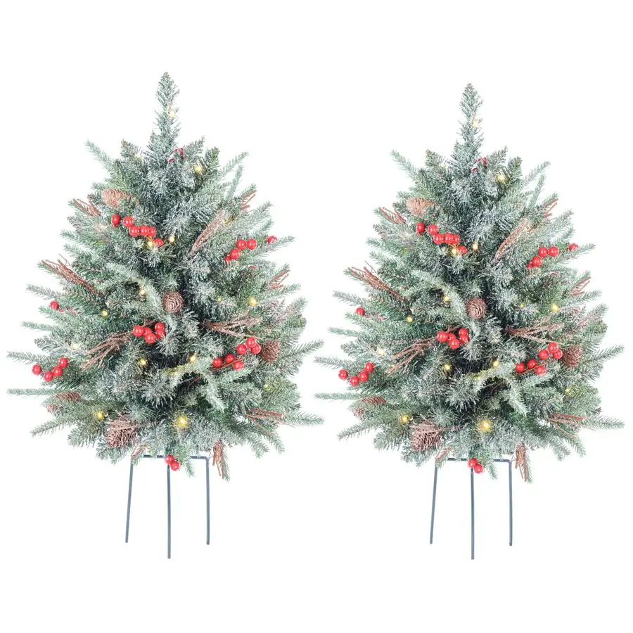 

Inch Outdoor Prelit Christmas Tree 2 Pack, Battery Operated Flocked Snow Xmas Tree 100 LED Lights, for Entrances Tabletop Orname