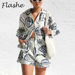 Autumn Turn Down Collar Long Sleeve Button Shirt Drawstring Shorts Suit Women Vintage Print Casual Tow Piece Set