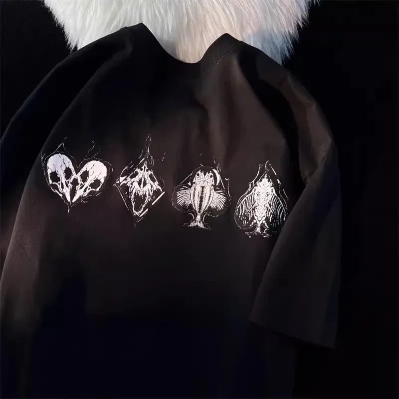 ダークシリーズ-ラージサイズ-300ポンド-ポーカー-半袖tシャツ-メンズ-夏-スケルトンスタイル-コットン-無地トップス-ストリートウェア