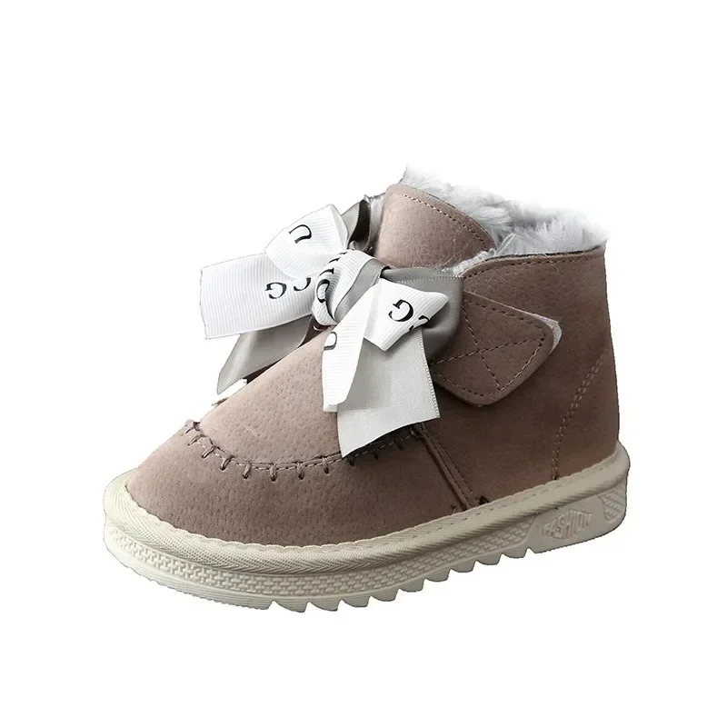 Bowknot Solid Color Children\'s Plush Short Boots Sewing Thread Non Slip Girl Outdoor Round Toe Soft Sole Thick Bottom Shoes