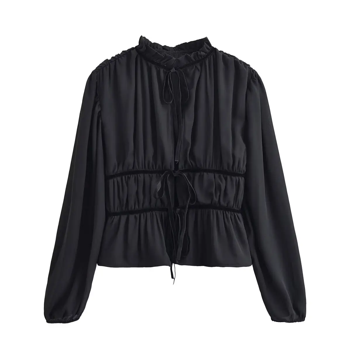 المرأة ربيع الخريف موضة س الرقبة بلوزة الإناث طويلة الأكمام القوس الدانتيل متابعة مطوي الديكور قميص سيدة سليم فضفاض بلوزة سوداء