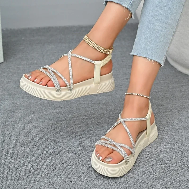 

2025 Ladies Shoes Elastic Band Women's Sandals FashionOpen Toe Casual Sandals Women Summer Crystal Best Seller Platform Sandals