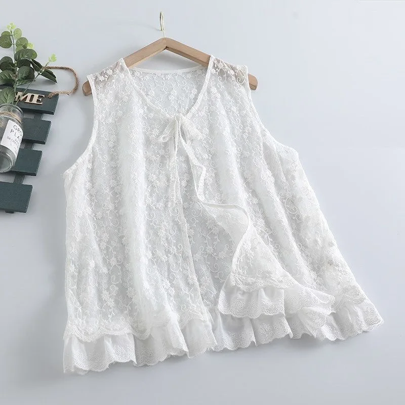 Thin Sheer Mesh Lace Shirt Cardigan With Tie Women Summer Transparent See Through Sleeveless Vest Boho Style Cute Cover Up Shrug