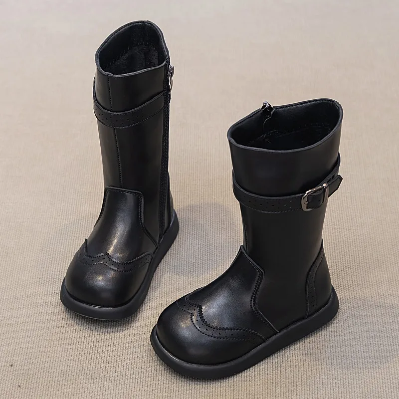 Little Girls Buckle Strap Leather Boots 2026 New Winter Kids Warm-lined Mid-calf Boots Non-slip Simple Princess Christmas Party