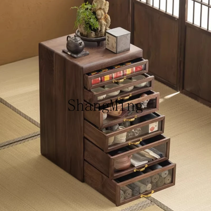 FG black walnut tea set cabinet antique solid wood dental cabinet tea room floor multi-layer tea cabinet