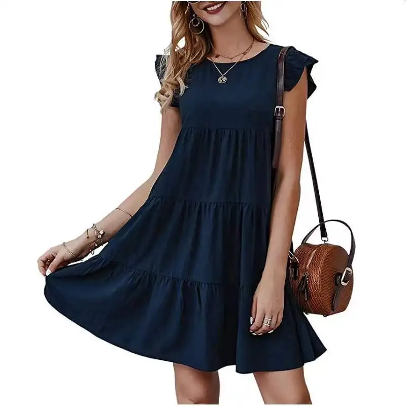 2025 Summer new solid color round neck short-sleeved dress casual cake skirt pleated skirt